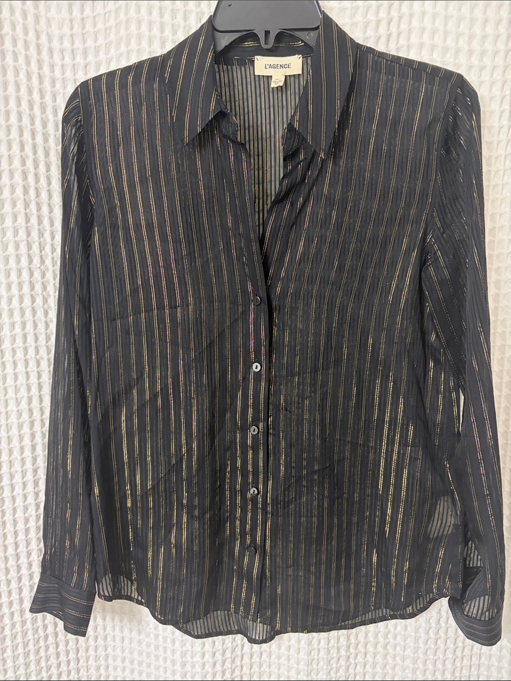 L'AGENCE Laurent Button Shirt Sheer Black Gold Metallic Stripe XS - Picture 5 of 10